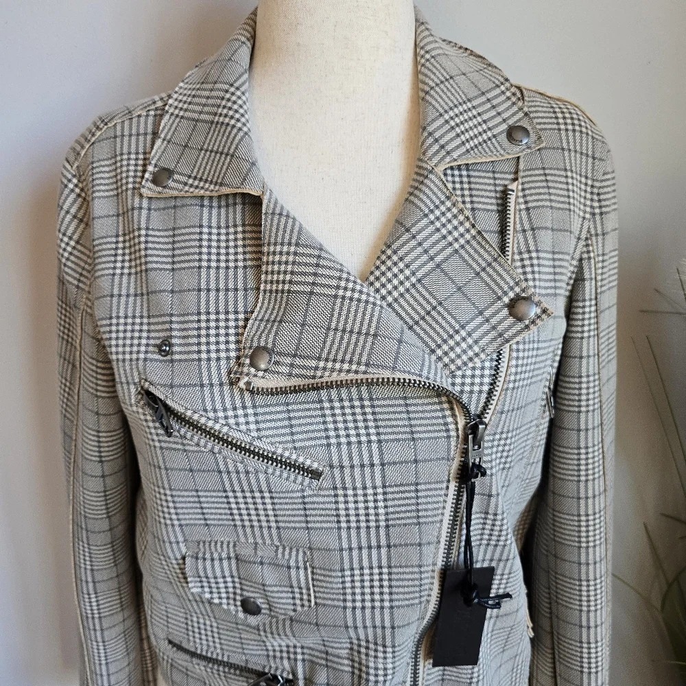 Revolve New Blank NYC Glen Neutral Plaid Moto Zip Front Jacket SZ Medium Boho - Picture 5 of 12